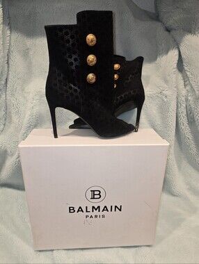 Balmain Black Velvet Open Toe Boots with Gold Medallion Buttons